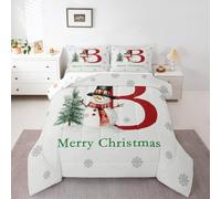 Homewish Merry Christmas King Bedding Set - Initial B Letter Monogram Duvet Set for Kids Teens Xmas Tree Snowman Bedspread Quilt Set - Winter Magical Snowflake Floral Coverless Duvet