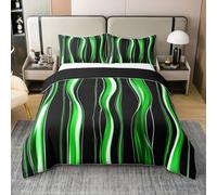 Homewish Modern Abstract Cotton Duvet Cover Double Size Black Green Striped Bedding Set for Kids Girls Boys Black Simple Minimalist Art Quilt Cover Contemporary Geometric Bed Set Waves, 2 Pillowcases