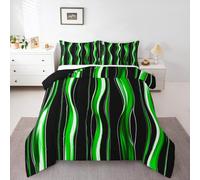Homewish Modern Abstract Duvet Set Double Size Black Green Striped Bedding Set for Kids Boys Girls Black Simple Minimalist Art Comforter Contemporary Geometric Quilt Waves Bedroom Decor