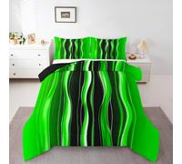 Homewish Modern Abstract Duvet Set Double Size Green Striped Bedding Set for Kids Boys Girls Black Simple Minimalist Art Comforter Contemporary Geometric Quilt Waves Bedroom Decor