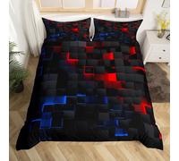 Homewish Modern Geometric Cube Design King Duvet Cover, Red and Blue Checkered Bedding Set for Kids Boys Girls Adults, Fashion Trend Grid Print Quilt Cover Futuristic Gradient Bed Set
