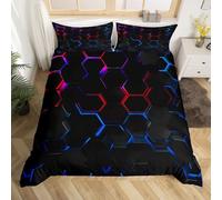 Homewish Modern Geometric Honeycomb Duvet Cover Double Size, 3D Hexagonal Black Bedding Set for Kids Boys Teens, Abstract Gradient Red and Blue Quilt Cover Fashion Trend Bed Set
