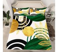 Homewish Modern Mid Century Fitted Sheet Double Boho Green Bed Sheets For Women Adult Teens Kid Abstract Gold Leaves Bedding Set,Bohemian Minimalist Contemporary Bed Cover 3 Pcs