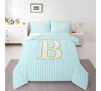 Homewish Modern Turquoise Stripeds Duvet Set Double - Cute Light Cyan Monogrammed B Bedding Set Geometric Abstract Stripes Quilt Set - Contemporary Striped Alphabet Coverless Duvet