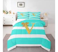 Homewish Monogram Letter V Single Duvet Set - For Kids Bow Initial Letter Bedding Set Modern Aesthetic Stripes Quilt Set - Kawaii Golden Bowknot Coverless Duvet
