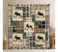 Homewish Moose Blackout Curtains for Bedroom, Buffalo Plaid Lattice Window Curtains 2 panel Sets 66 x 90 Inch,Countryside Rural Deer Hunting Woodland Animals Rustic Farmhouse Window Treatments Drapes