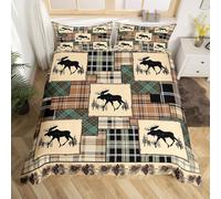 Homewish Moose Duvet Cover Set Buffalo Plaid Lattice Super King Bedding Set, Countryside Rural Deer Hunting Quilt Cover Woodland Animals Rustic Farmhouse Bed Sets