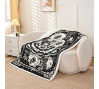 Homewish Moth Skull Fleece Blanket Queen 229x229cm Striped Death Moth Warm Plush Sherpa Blanket Damask Floral Pattern Fuzzy Plush Throw Grey White Floral Print for Bed Sofa Couch