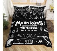 Homewish Mountain Adventure Duvet Cover for Kids Boys Girls,Retro Farm Style Camper Bedding Set Single,Black White Happy Camping Comforter Cover,Camper Hunting Bear Bed Sets with 1 Pillowcase