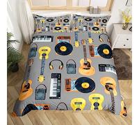 Homewish Music Instruments Duvet Cover Double Acoustic Guitar Bedding Set, Piano Keyboards Bass Comforter Cover Musical Theme Bed Set, Vintage Radio Vinyl Record Player Bedding Grey 3 Pieces