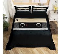 Homewish Music Record Player Bedding Sets Double Black Cassette Tape Comforter Cover, 80S 70S Party Bed Set Classic Music Theme Duvet Cover, Old Fashion Quilt Cover Microfiber 3Pcs
