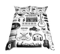 Homewish Musical Instruments Duvet Cover Single Classical Piano Bedding Set, Black and White Comforter Cover Vintage Radio Vinyl Record Bed Set, Microphone Headset Bedding 2Pcs (Zipper Closure)