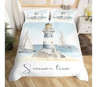 Homewish Nautical Bedding Set King Sailboat Lighthouse Comforter Cover Watercolor Ocean Themed Duvet Cover Summer Beach Quilt Cover Decotive 3Pcs Sea Adventure Bedroom Decor Luxury White Blue