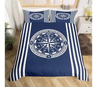 Homewish Nautical Compass Bedding Set Classical Wind Rose Diagram Duvet Cover Super King for Kids Adults,Compass Boating Theme Comforter Cover Vintage Navy Blue Geometric Lines Bed Sets,3 Piece