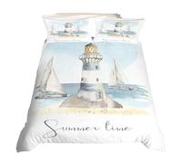 Homewish Nautical Duvet Cover Sailboat Lighthouse Bedding Set Double Watercolor Ocean Themed Comforter Cover Summer Beach Bedding Decotive 3Pcs Sea Adventure Bedroom Decor Luxury White Light Blue
