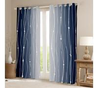 Homewish Navy Blue and Gray Gradient Curtains & Drapes Watercolor Ombre Curtains, Abstract Aesthetic Blackout Curtains Wave Line and Dots Living Room Curtains, Geometric Window Curtains 66" Wx90 L