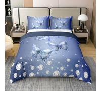 Homewish Navy Blue Butterfly King Duvet Cover Sets Silver Diamond Glitter Print Coton Bedding Flying Butterflies Wildlife Quilt Cover For Kids Teen Adults,Modern Simple Bed Set