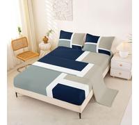 Homewish Navy Blue Gray Bedding Set Double Geometric Square Bed Sheets Abstract Line Grid Sheet Set - Retro Patchwork Artwork Fitted Top Sheets 4 Piece