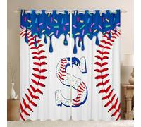 Homewish Navy Blue Ice Cream Drip Blackout Curtains 52 x 90 Inch - Initial S Baseball Eyelet Curtains for Living Room Bedroom - Ball Sports Games Window Drapes 2 Panels Sweet Cream Candy Decor
