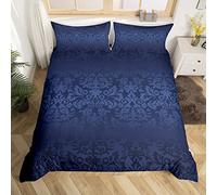 Homewish Navy Blue Ombre Floral Bedding Sets Double Size, Royal Blue Damask Duvet Cover Sets for Girls Women Boys Men, Victorian Baroque Comforter Cover, Stylish Flowers Bedding & Linen