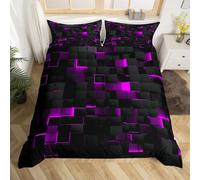 Homewish Neon Black Purple Comforter Cover Single Abstract Geometric Grid Checkered Bedding Set For Kids Girls Teen Women Glowing Stereoscopic Plaid Duvet Cover 3D Square Quilt Cover