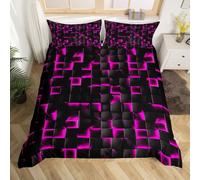 Homewish Neon Black Purple Duvet Cover King Violet Geometric Checkered Bedding Set for Kids Teen Adults Gaming Room Decor, Abstract Ombre Plaid Quilt Cover Grids Bed Set, Microfibre