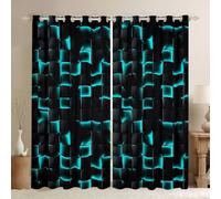 Homewish Neon Black Teal Blackout Curtains Geometric Checkered Turquoise Window Curtains for Kids Boys Teen Men Gaming Room Decor, Abstract Ombre Plaid Grids Window Drapes 2 Panels 46 x 72 Inch
