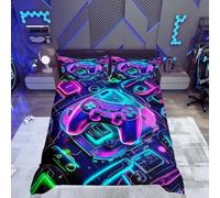 Homewish Neon Gaming Boys Single Duvet Cover Set Gamer Teenage Boy Bedding - Modern Video Game Controller Design Quilt Cover with 1 Pillowcase - Colorful Gamepad Reversible Bed Sets - Microfibre