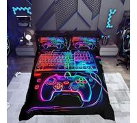 Homewish Neon Gaming Cot Duvet Cover Set Kids Gamer Teenage Boy Bedding - Modern Game Controller Keyboard Quilt Cover with 1 Pillowcase - Colorful Gamepad Reversible Bed Sets Soft Microfibre