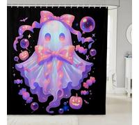 Homewish Neon Ghost Shower Curtain 72" W x 84" L - Kawaii Pink Bow Waterproof Bathroom Curtains Halloween Purple Ghost Bath Curtain Festive Pumpkin Lights Bathroom Accessories