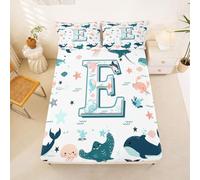 Homewish Ocean Animal Bed Sheets King Initial Letter E Fitted Sheet Deep Pocket 16 inch (40 cm),Cute Jellyfish Whale Bedding Set Marine Life Bed Cover with 2 PillowcasesOcean Room Decor