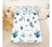 Homewish Ocean Animal Print Double Fitted Sheet Underworld Marine Life Bed Sheets Deep Pocket 16 inch (40 cm),Shells and Corals Bedding Set Ocean Beach Starfish Conch Bed Cover with 2 Pillowcases