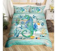 Homewish Ocean Comforter Cover Single Blue Green Hippocampus Kids Bedding Set For Boys Girls Ocean Animal Duvet Cover Starfish Shell Fishes Bedspread Cover Underwater World Room Decor 1 Pillow Case