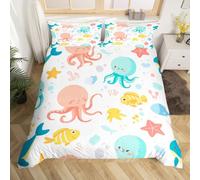 Homewish Ocean Octopus Duvet Cover Single,Coastal Beach Theme Bedding Set Nautical Bedroom Decor,Sea Fish Whale Starfish Duvet Cover for Kids Boys Girls,Marine Life Bed Set (No Comforter) 2Pcs