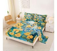 Homewish Ocean Octopus Kawaii Bed Sheets Single Yellow Flowers Rural Sheet Set Ocean Waves Marbling Bedding Set - Colorful Abstract Marble Vein Fitted Flat Sheets 3 Piece