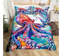 Homewish Octopus Duvet Cover King,Ocean Life Sea Animal Octopus Bedding Set Nautical Bedroom Decor,Teal Marine Creature Duvet Cover for Kids Girls Boys,Underwater Bed Set (No Comforter) 3Pcs