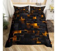 Homewish Orange And Black Comforter Cover Super King Neon Geometric Checkered Bedding Set For Kids Boys Teen Men,Stereoscopic Grid Plaid Duvet Cover Glowing Square Bed Set Modern Room Decor