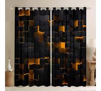 Homewish Orange And Black Window Curtains 2 Panel Sets 66x90 Neon Geometric Checkered Blackout Curtains for Bedroom Living Room Stereoscopic Grid Plaid Window Treatments Drapes Glowing Square Decor