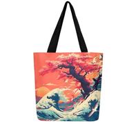 Homewish Oriental Asian Canvas Bag Japanese Cherry Blossoms Grocery Bag, Vintage Anime Canvas Tote Bag Marine Ocean Wave Shopping Bag, Wild Crane Beach Bag Diaper Bag