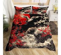 Homewish Oriental Cherry Blossoms Duvet Cover King Japanese Asian Print Bedding Set, Black and Red Comforter Cover Chic Crane Bed Set, Ocean Waves Bedroom Set (Zipper Closure)