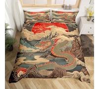 Homewish Oriental Dragon Duvet Cover King Japanese Style Bedding Set, Mountain Sea Ocean Comforter Cover Sun Printed Bed Set, Vintage Asian Theme Bedroom Set (Zipper Closure)