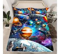 Homewish Outer Space Themed Fitted Sheet Double for Kids Adults, Universe Galaxy Bed Sheets for Teenage Boy, Solar System Planets Print Sheets for All Season, Cosmic Bedding Set