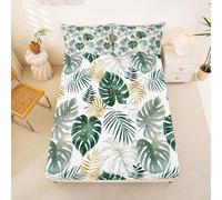 Homewish Palm Leaves Fitted Sheet Single Tropical Hawaiian Leaves Bed Sheets Botanical Summer Theme Bedding Set,Green Gold Leaves Bed Cover 2 Pcs