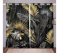 Homewish Palm Leaves Window Curtains 66" Wx72 L,Tropical Botanical Jungle Curtains, Curtains for Bedroom, Tree Leaf Weed Curtains & Drapes Gold Grey Black Curtains, 30%-50% Blackout