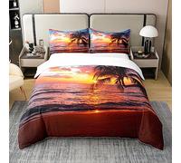Homewish Palm Trees 100% Cotton Duvet Cover Double Ocean Beach Comforter Cover Sunset Hawaii Tropical Leaves Sea Wave Coastal Bedding Set Mediterranean Scenery Quilt Cover 3Pcs with 2 Pillowcases