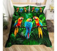 Homewish Parrot Bedding Set Double Size Watercolor Animal Feather Duvet Cover Set Palm Leaf Duvet Cover Tropical Plant Birds Quilt Cover Comforter Cover And 2 Pillow Cases For Bed Room