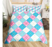 Homewish Pastel Pink Blue Geometric Cot Duvet Cover Set - Stylish Diamond Patchwork Design Bedding with 1 Pillowcase - Classic Diamond Pattern Microfiber Quilt Cover Chic Art Deco Bed Sets