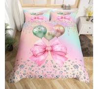 Homewish Pastel Pink Bow Duvet Cover Rainbow Iridescent Bedding Sets, Glitter Diamond Ribbon Bowtie Bed Cover Colorful Balloons Sequins Bed Set Single