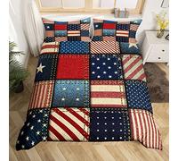 Homewish Patchwork Flag Bedding Set King Red Blue Geometric Stars Stripes Duvet Cover Retro United States Flag Comforter Cover For Kids Boys Teen Men Independence Day Freedom Bedspread Cover 3 Pcs