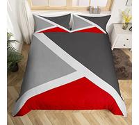 Homewish Patchwork Geometric Duvet Cover Set with 2 Pillowcases - Super King Size, 100% Soft & Breathable Polyester, Zip Closure - Red and Gray Bedding - Modern Simple Pattern with Black Reverse